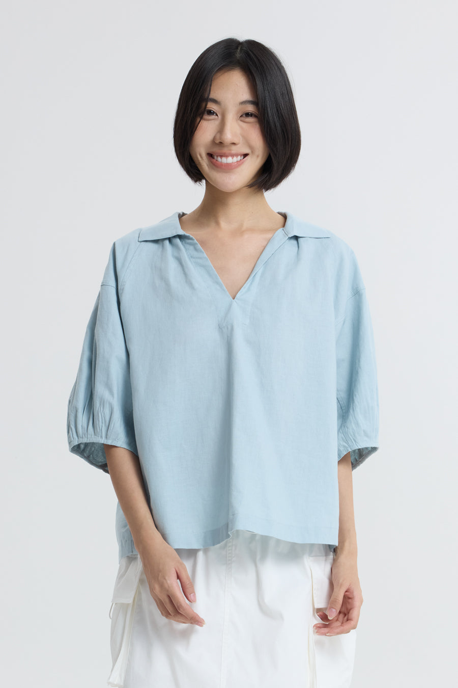 V-Neck Collared Blouse - Dusty Blue