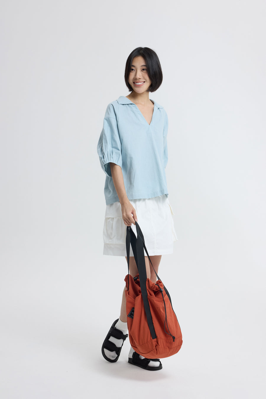 V-Neck Collared Blouse - Dusty Blue