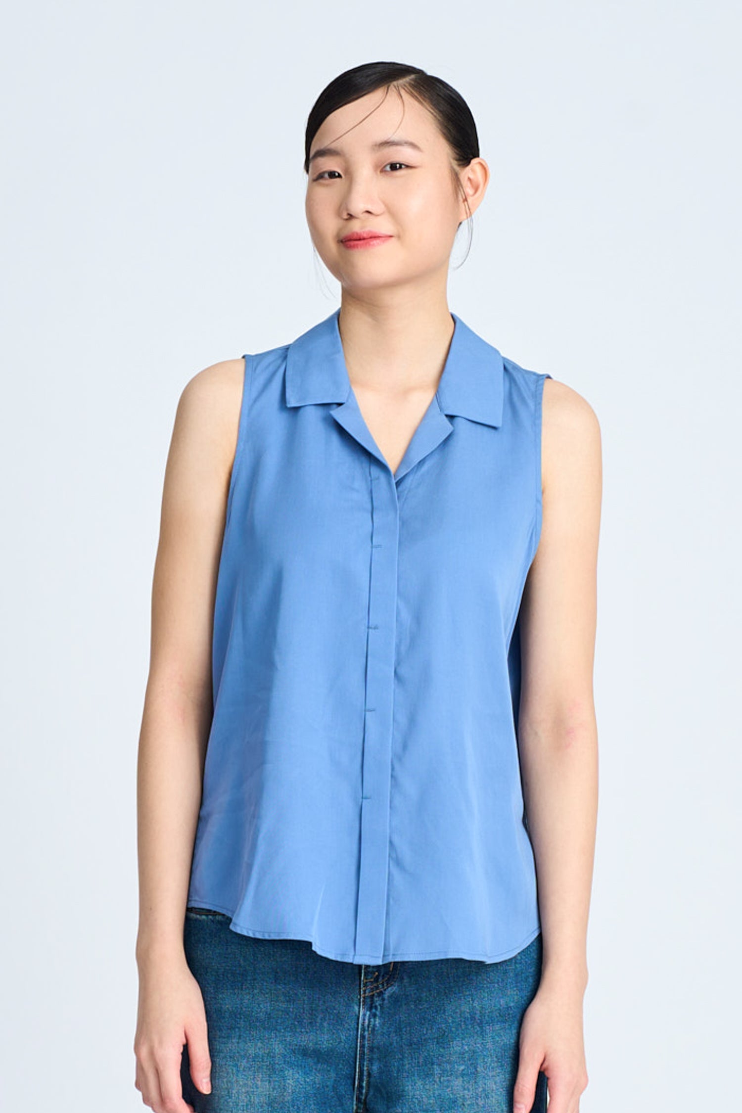Notched Collar Sleeveless Blouse - Denim Blue