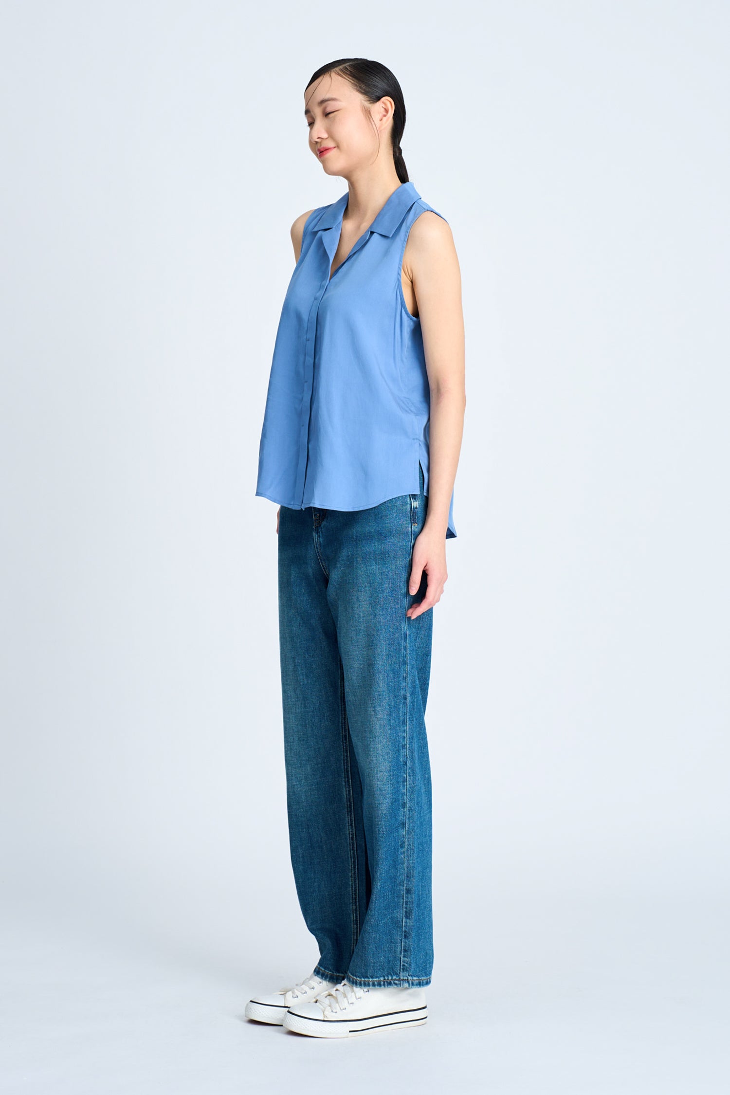 Notched Collar Sleeveless Blouse - Denim Blue