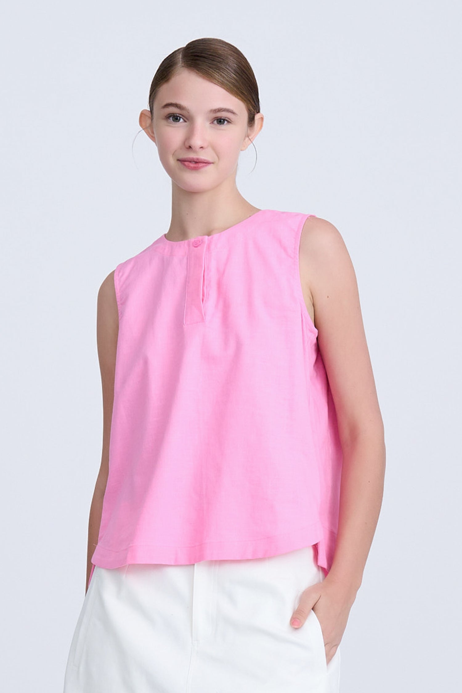 Half Placket Sleeveless Blouse - Pink [AT]