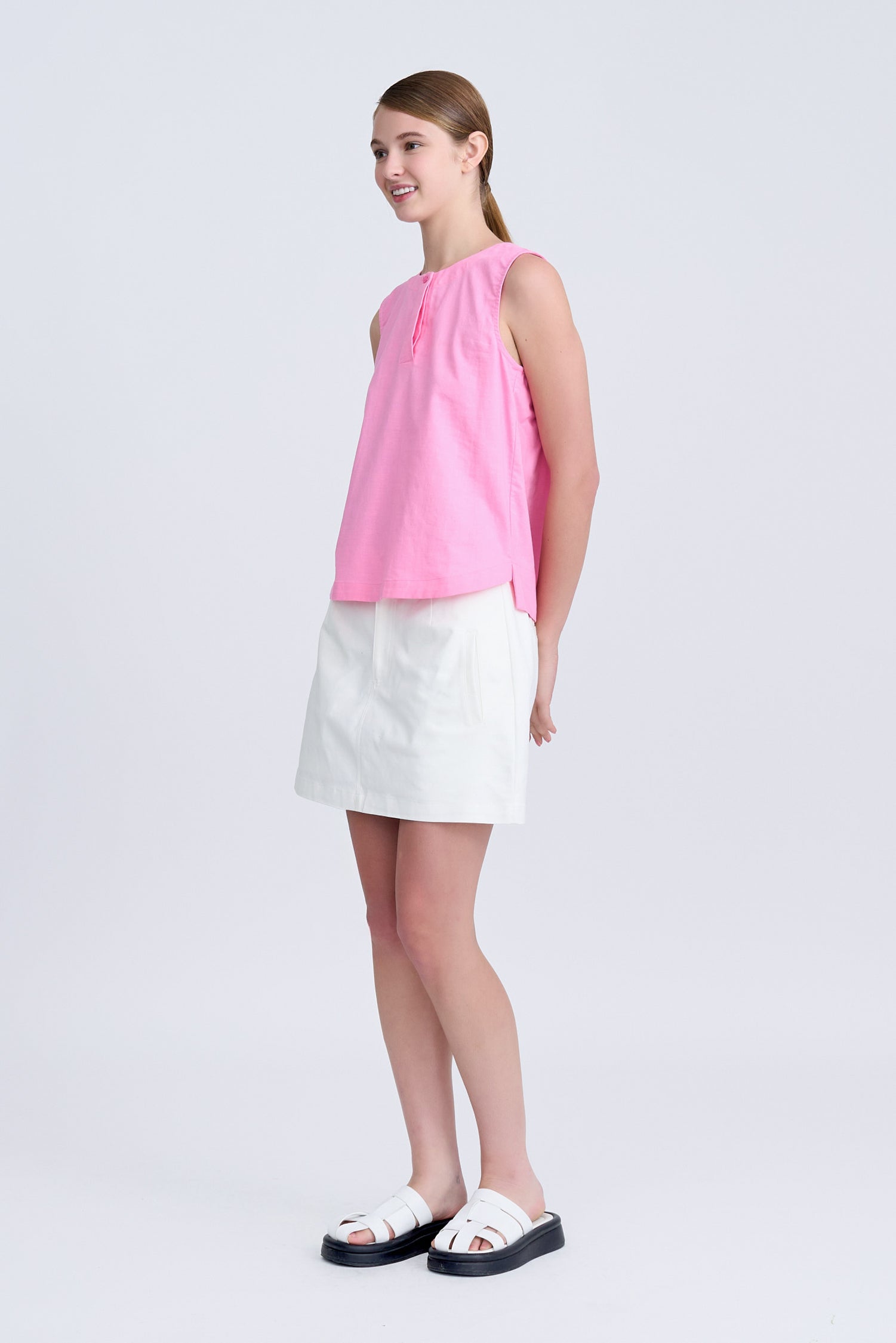 Half Placket Sleeveless Blouse - Pink [AT]