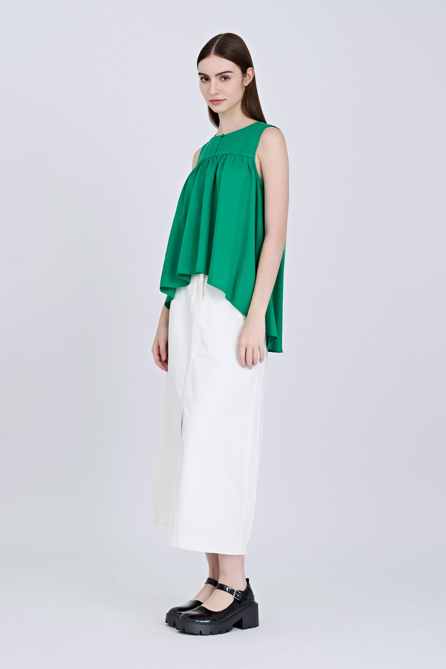 Sleeveless Gathered Flare Blouse - Green