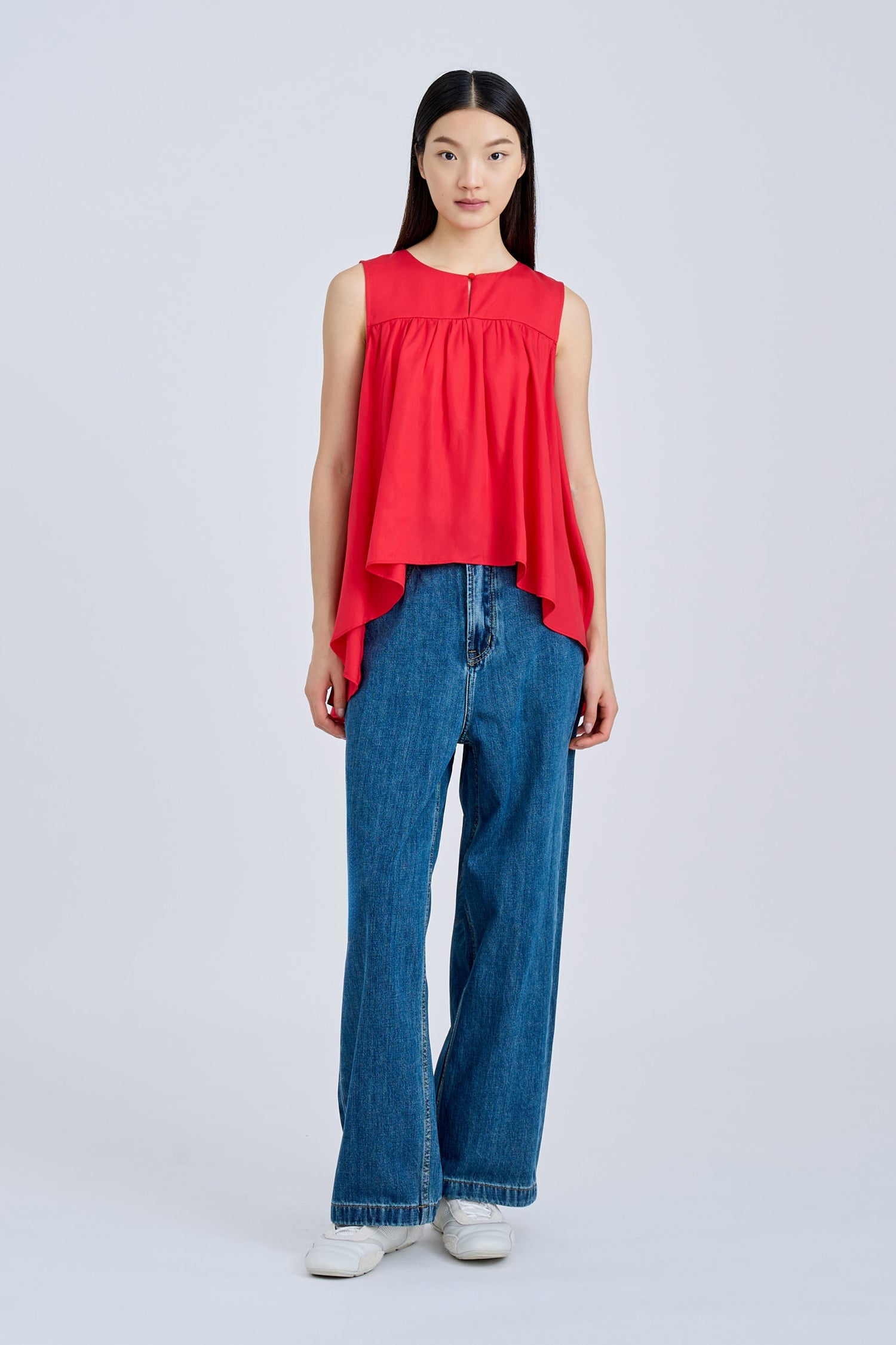Sleeveless Gathered Flare Blouse - Red
