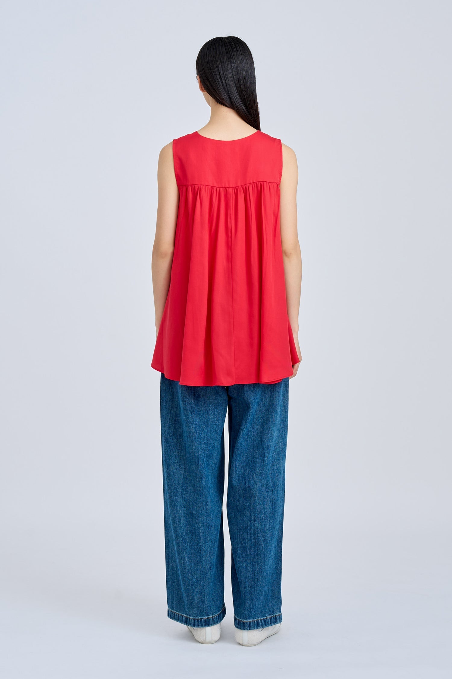 Sleeveless Gathered Flare Blouse - Red