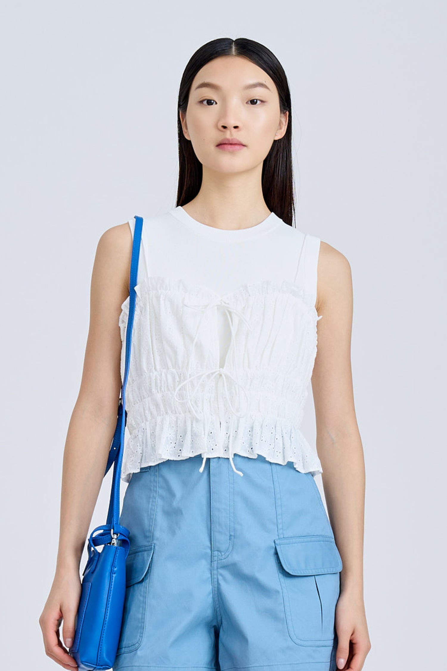 Ruffle Elasticised Ruched Top - Cream [AT]