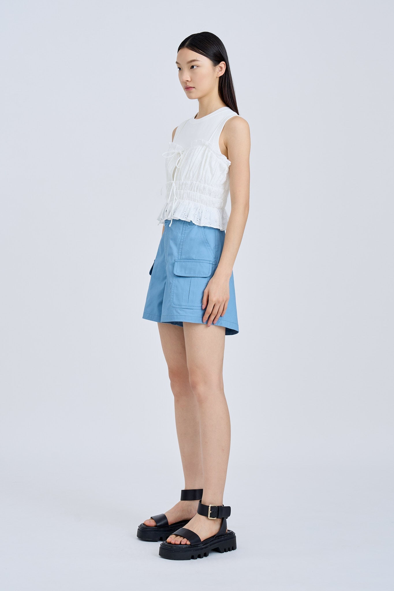 Ruffle Elasticised Ruched Top - Cream [AT]