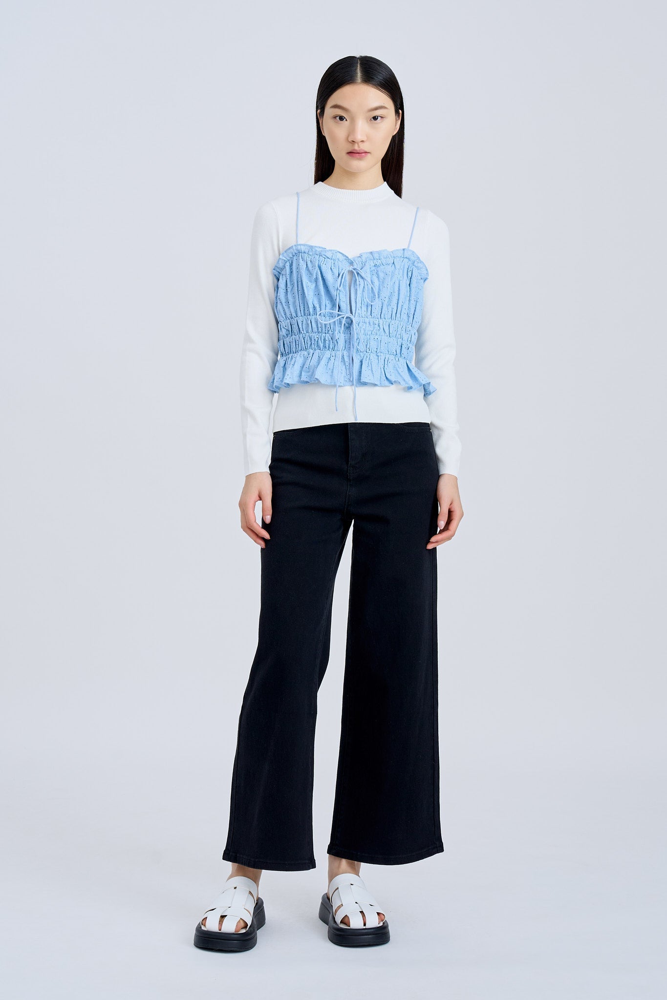 Ruffle Elasticised Ruched Top - Sky Blue [AT]