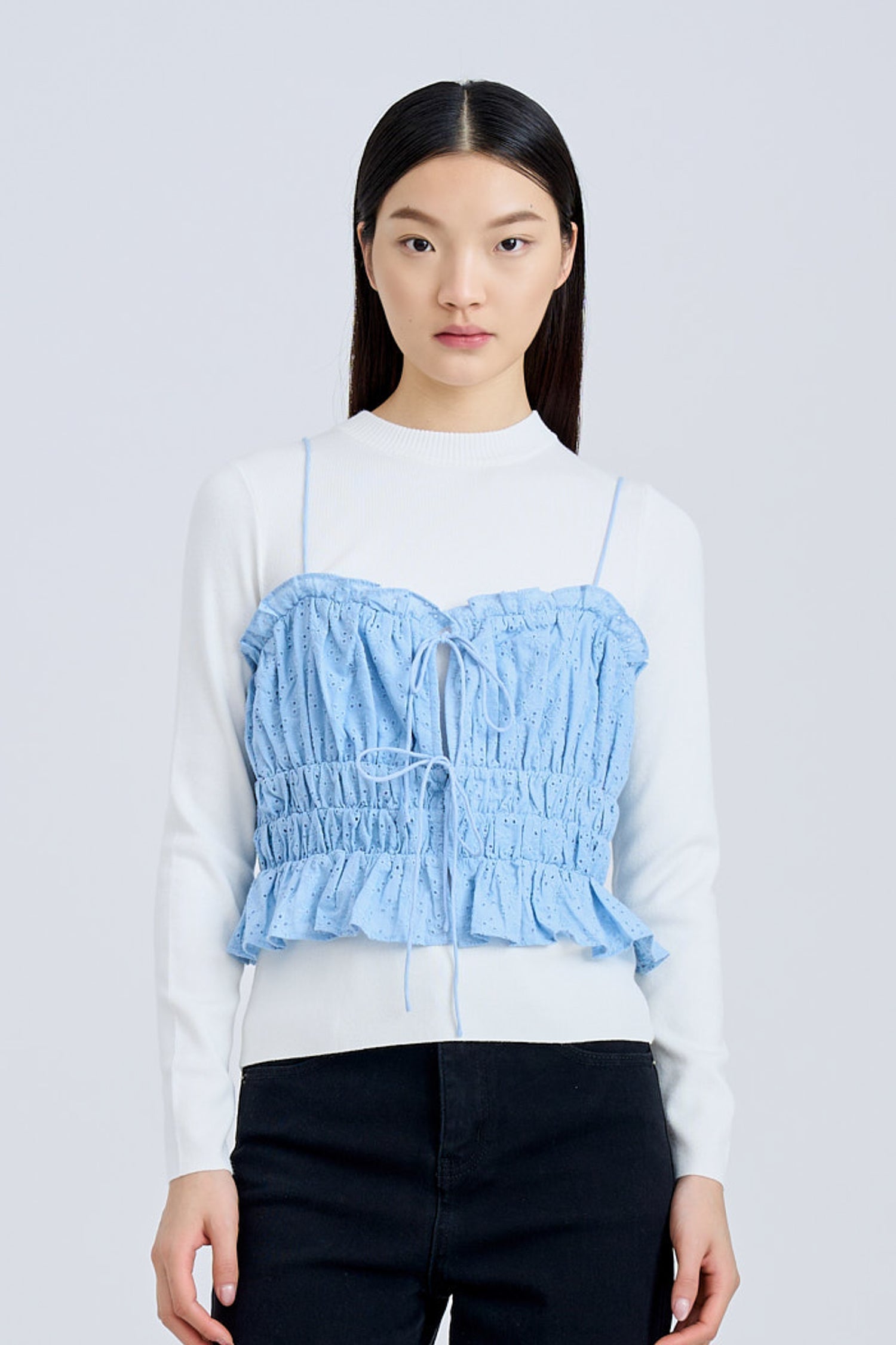 Ruffle Elasticised Ruched Top - Sky Blue [AT]