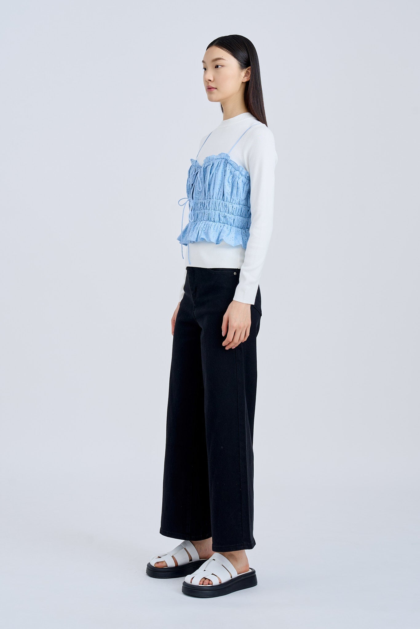 Ruffle Elasticised Ruched Top - Sky Blue [AT]