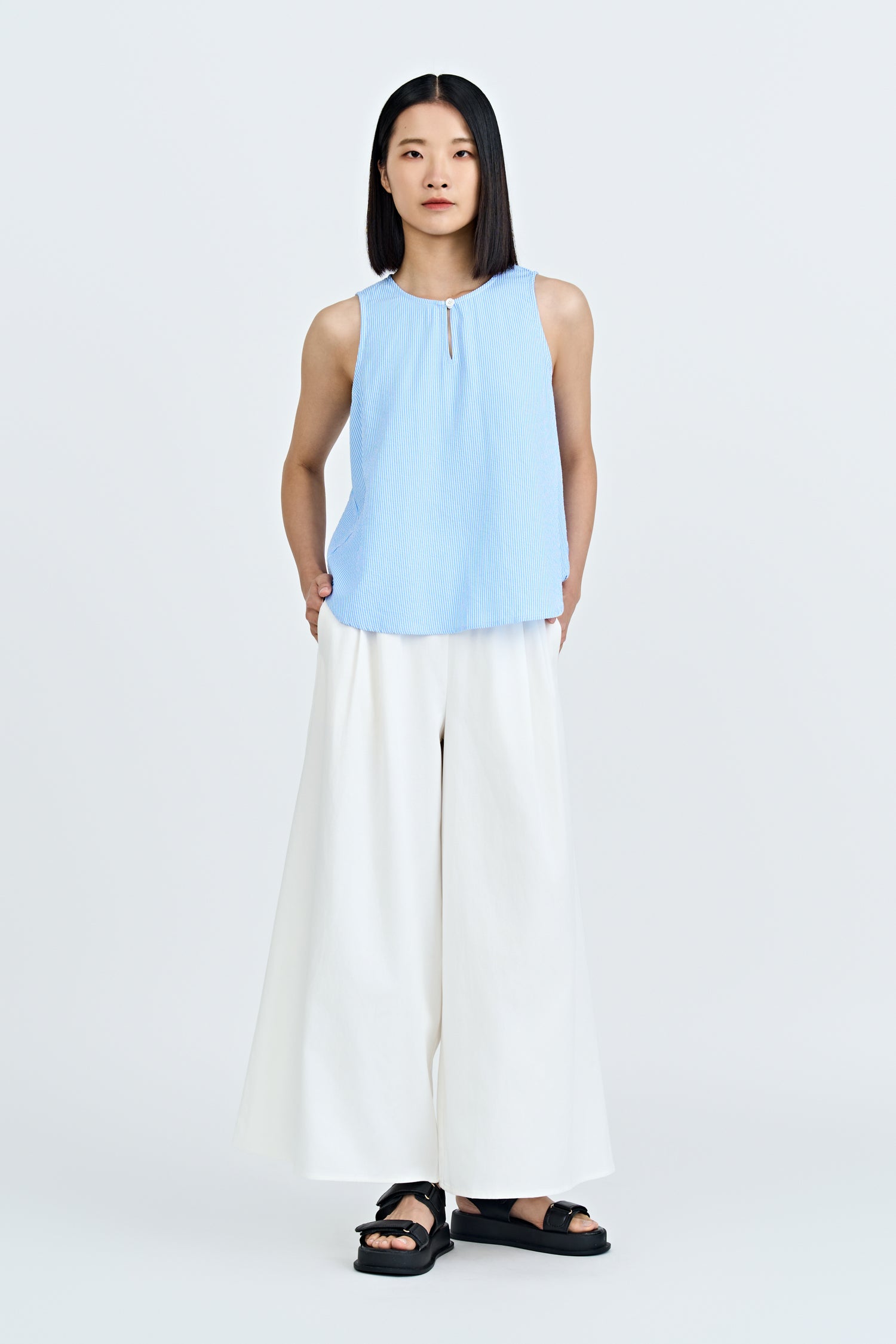 Striped Keyhole Sleeveless Blouse - Stripes Blue