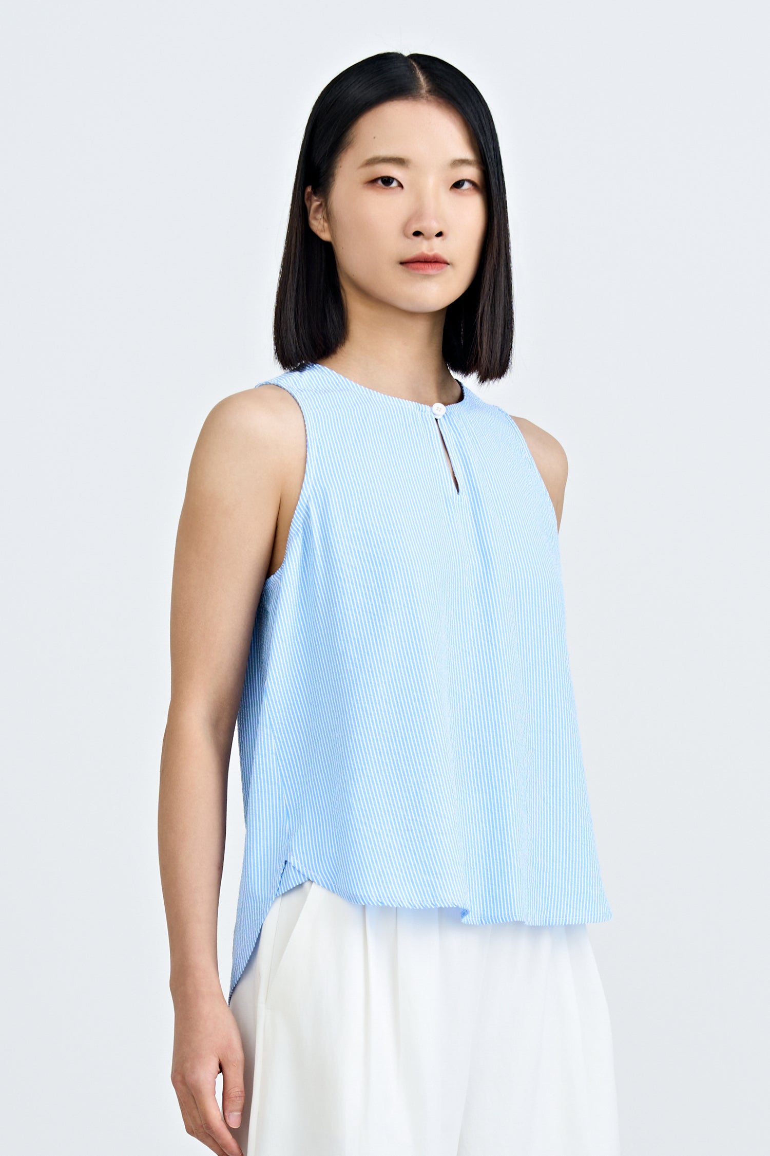 Striped Keyhole Sleeveless Blouse - Stripes Blue
