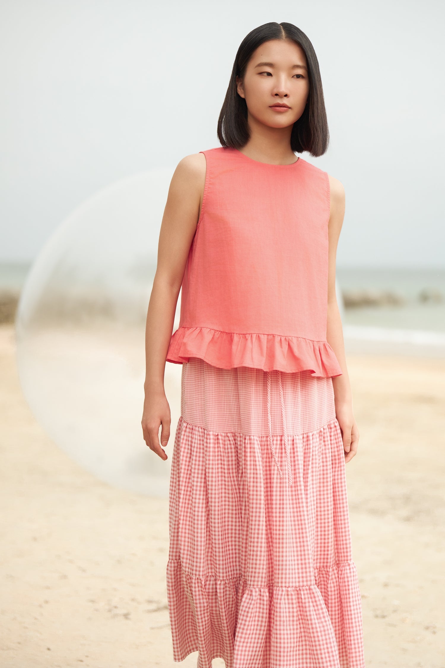 Ruffle Hem Sleeveless Blouse - Coral