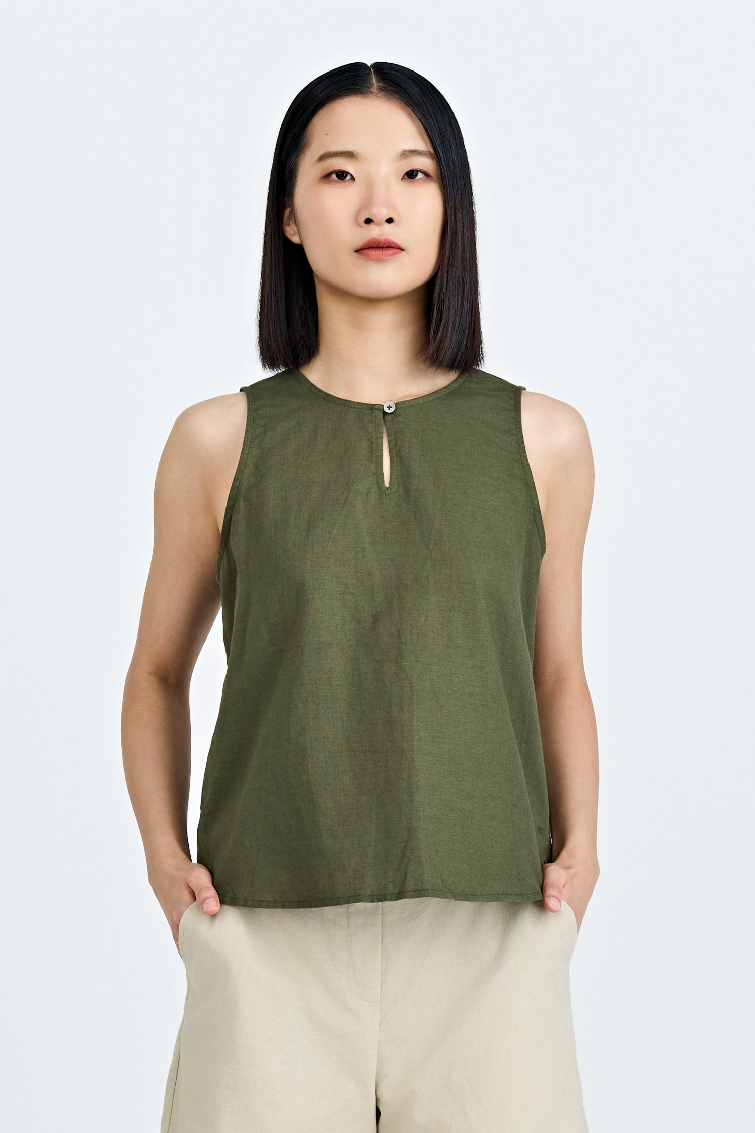 Keyhole Sleeveless Blouse - Army Green