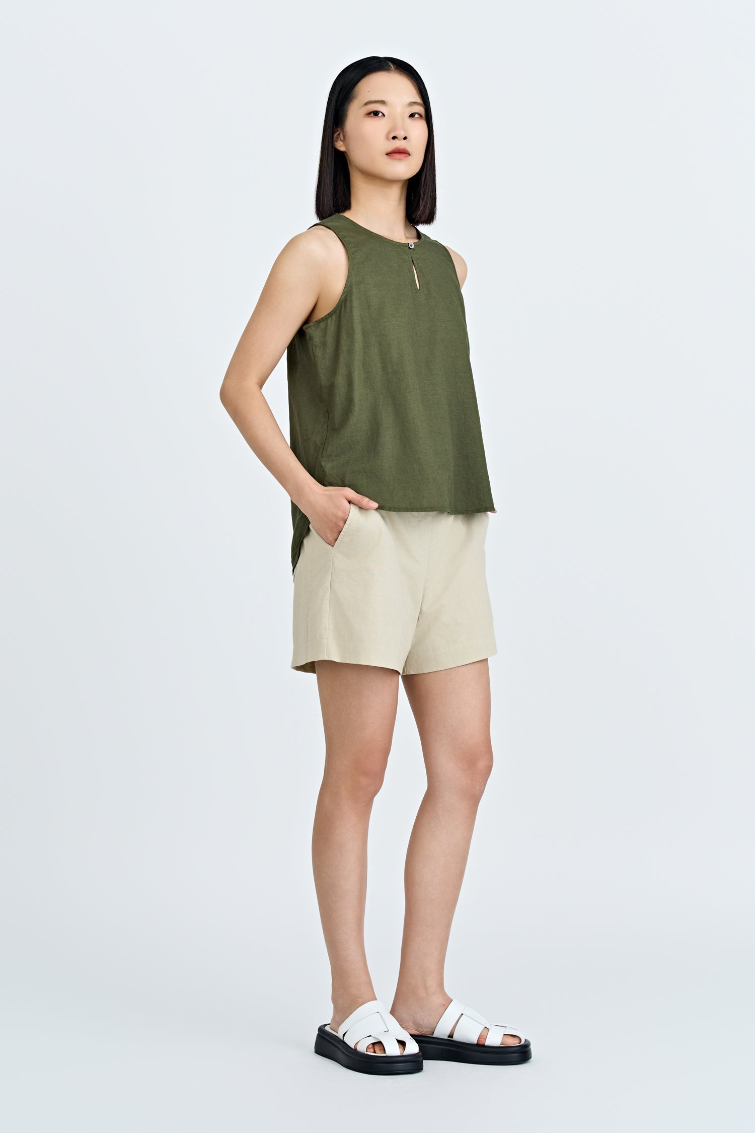 Keyhole Sleeveless Blouse - Army Green