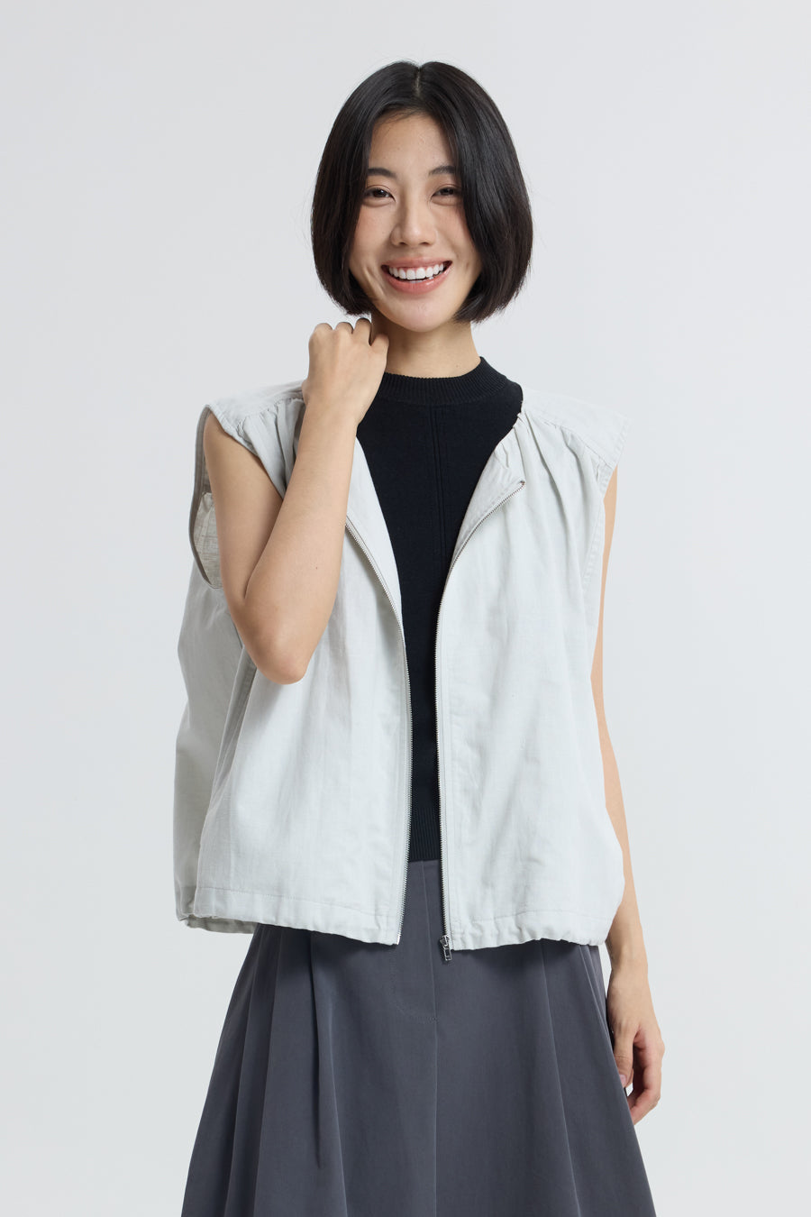 Zip Front Sleeveless Top - Light Grey