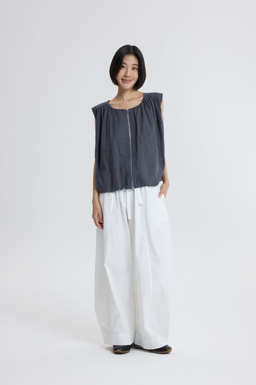Zip Front Sleeveless Top - Charcoal