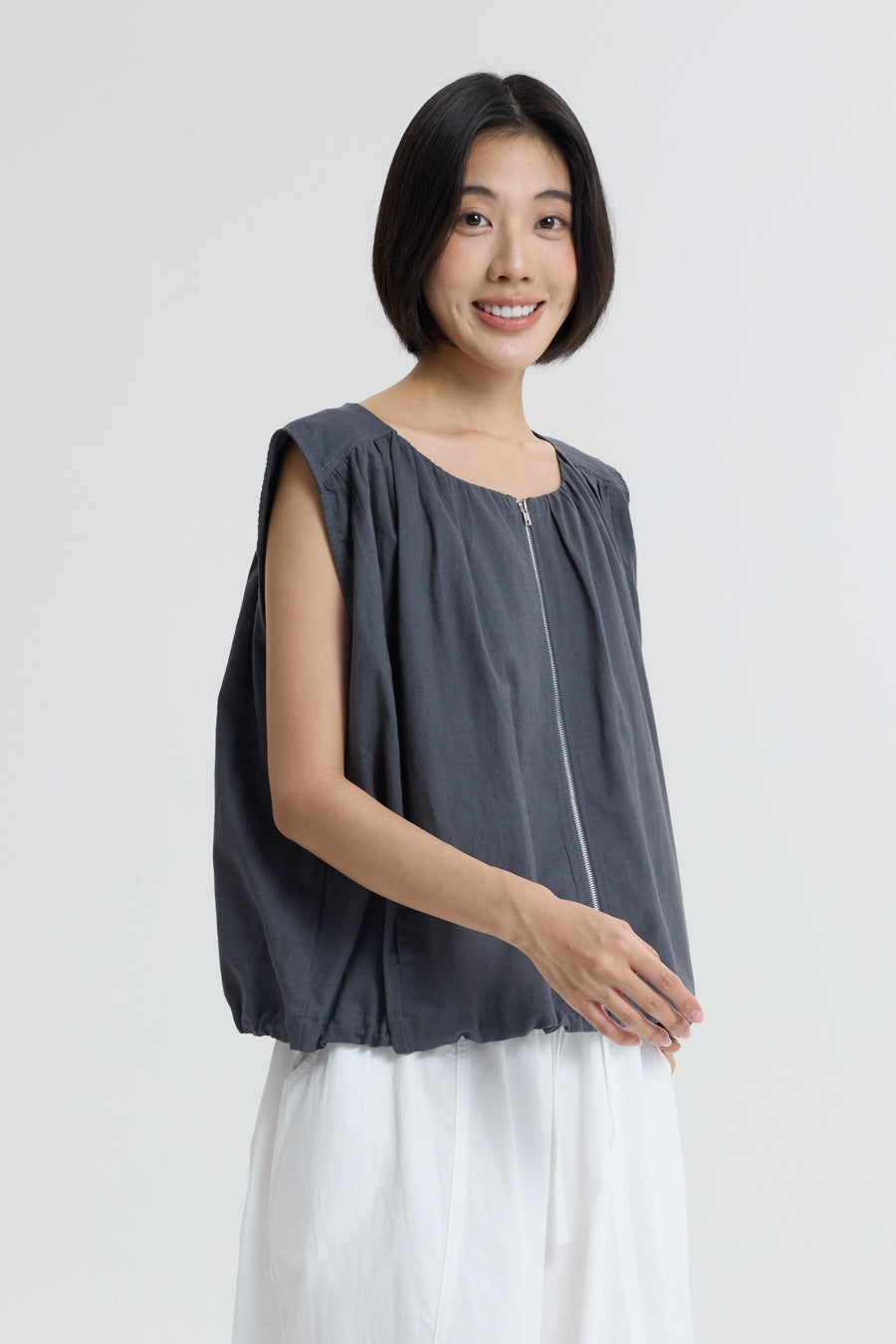 Zip Front Sleeveless Top - Charcoal