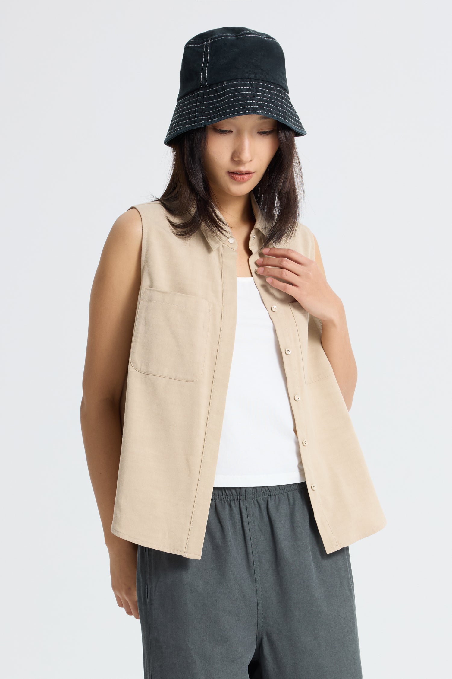 Patch Pocket Sleeveless Blouse - Khaki