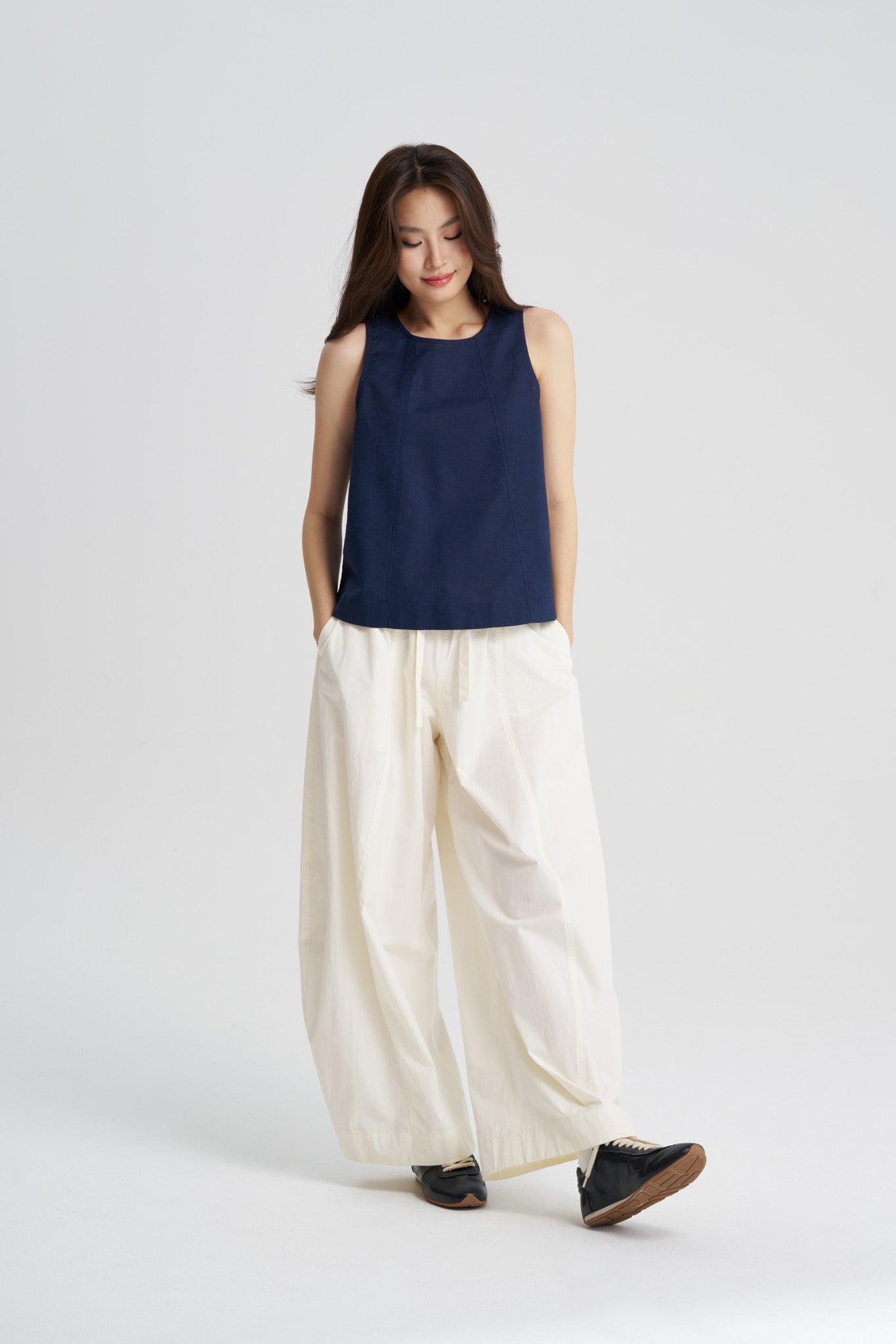 Sleeveless Panelled Blouse - Navy