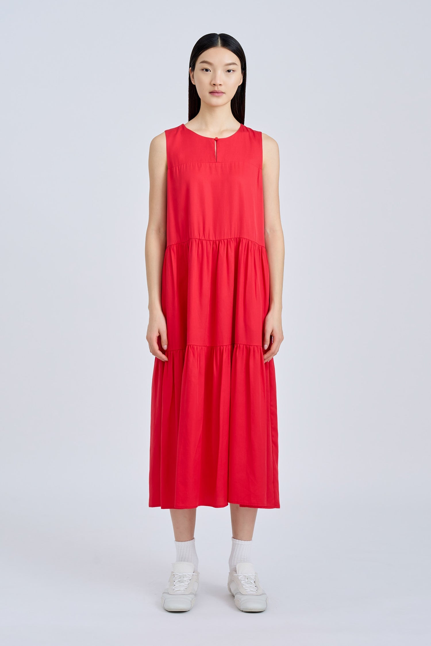 Sleeveless Gathered Tier Dress - Red [AT]