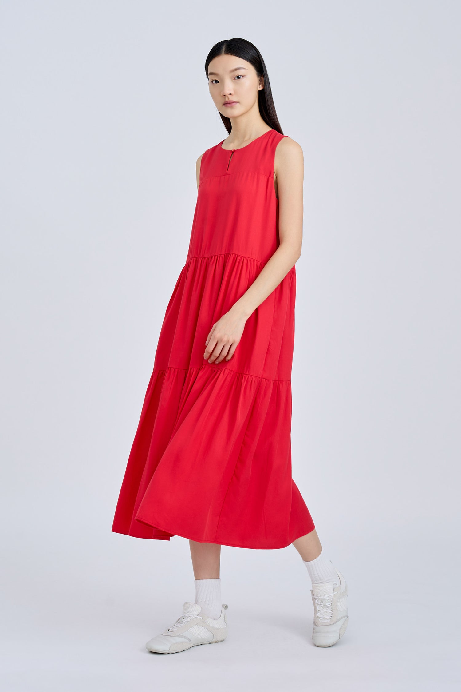 Sleeveless Gathered Tier Dress - Red [AT]