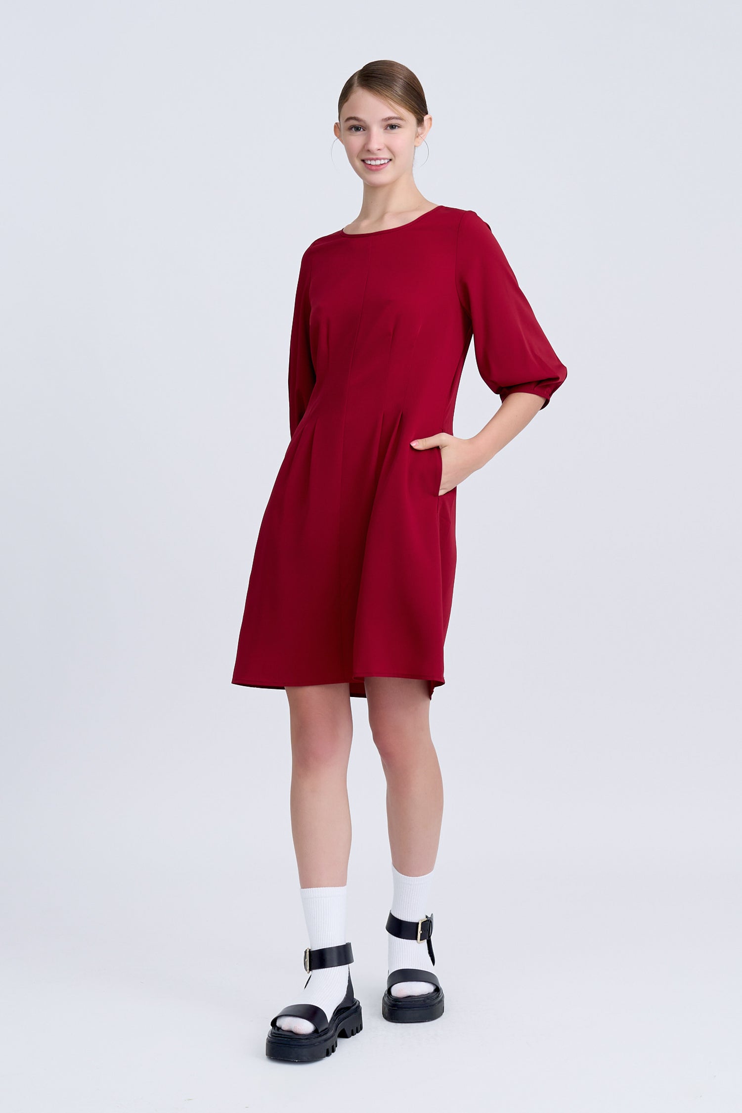 Pleated Flare Dress - Burgundy [AT]