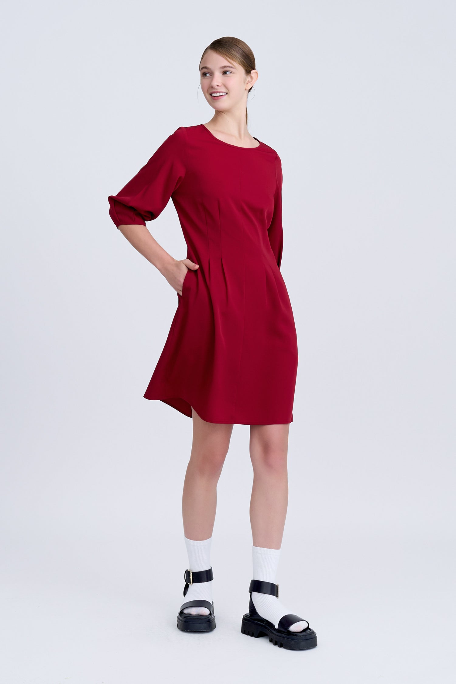 Pleated Flare Dress - Burgundy [AT]