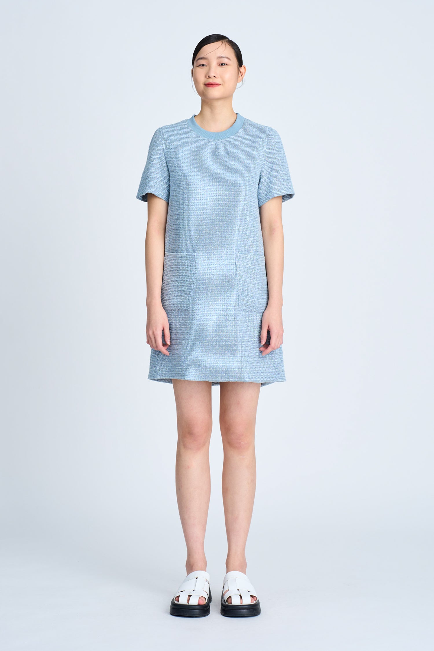 Tweed Short Sleeve Dress - Dusty Blue [AT]