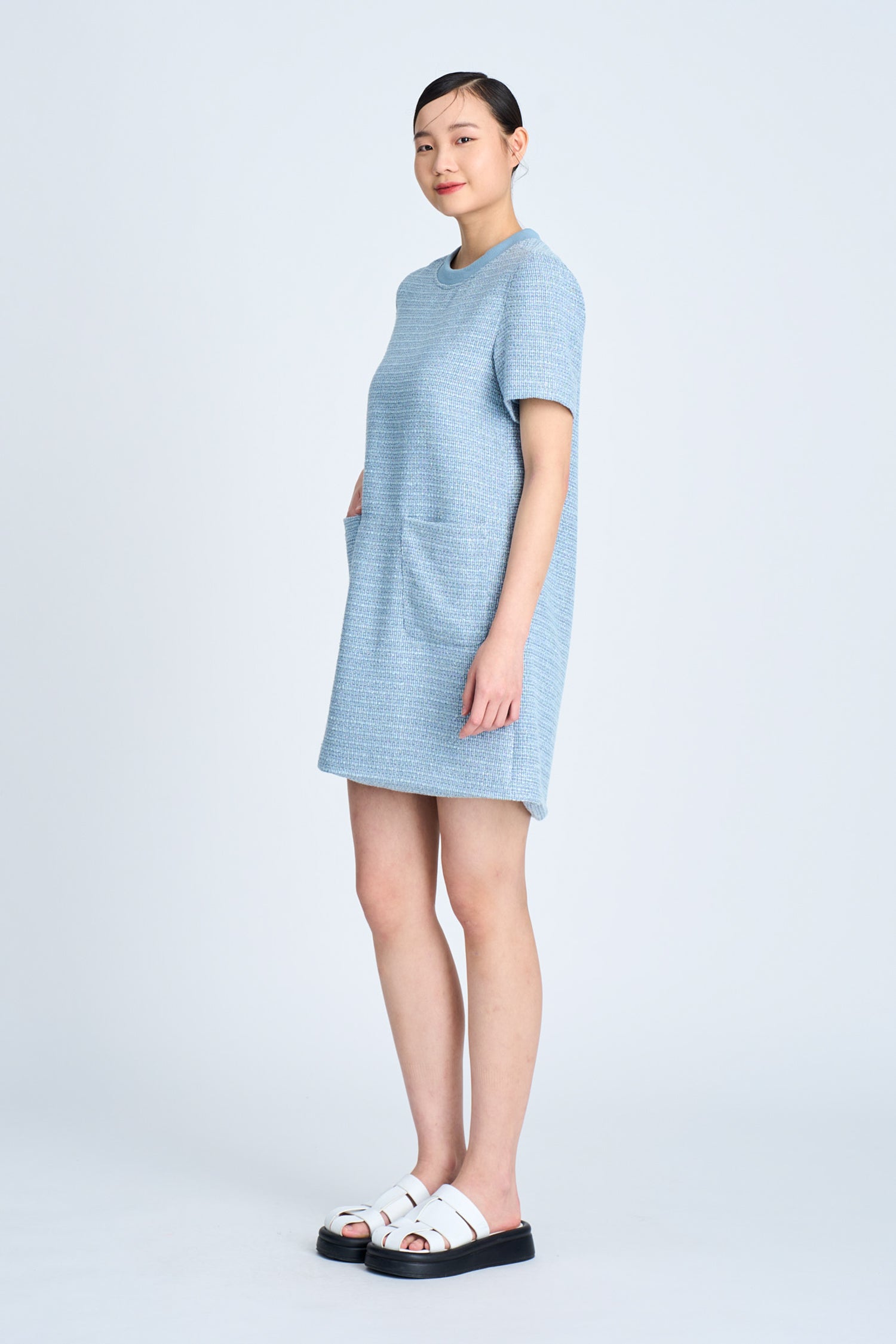Tweed Short Sleeve Dress - Dusty Blue [AT]
