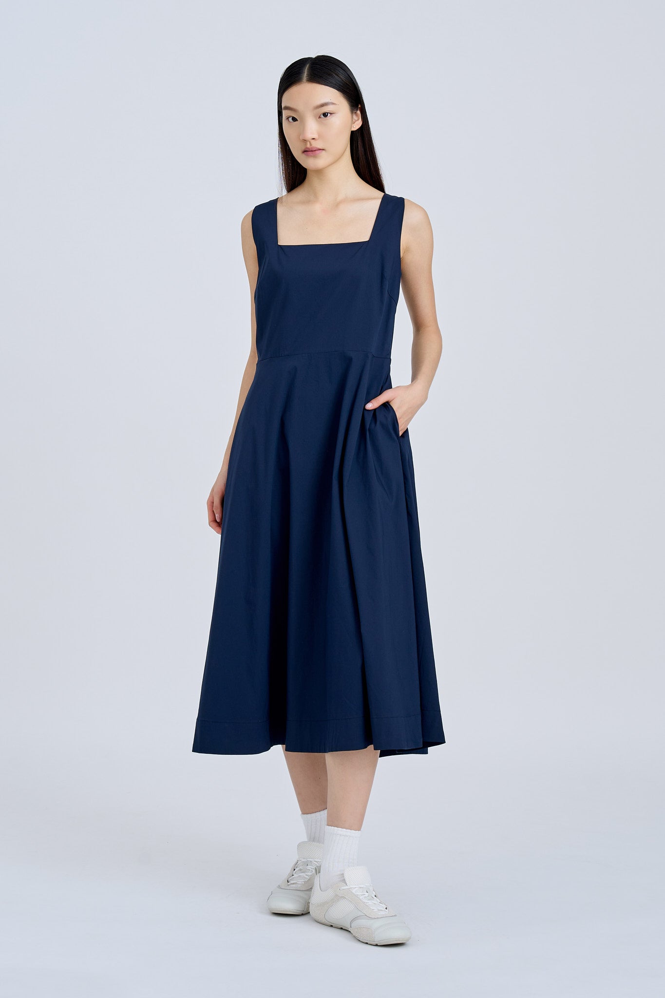 Square Neck Flare Dress - Navy [AT]