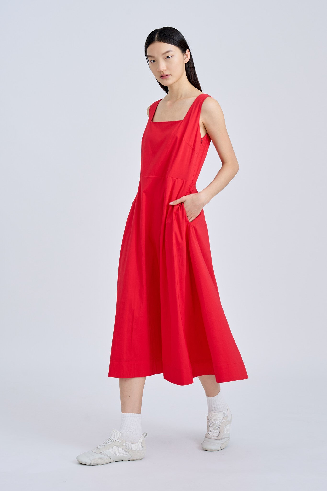 Square Neck Flare Dress - Red [AT]