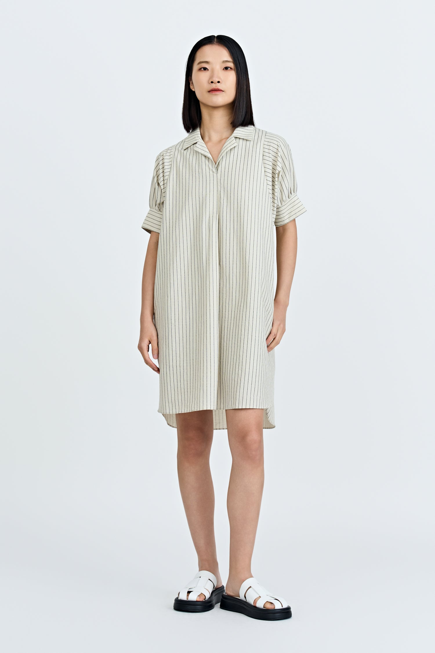 Striped Notched Collar Dress - Stripes Sand