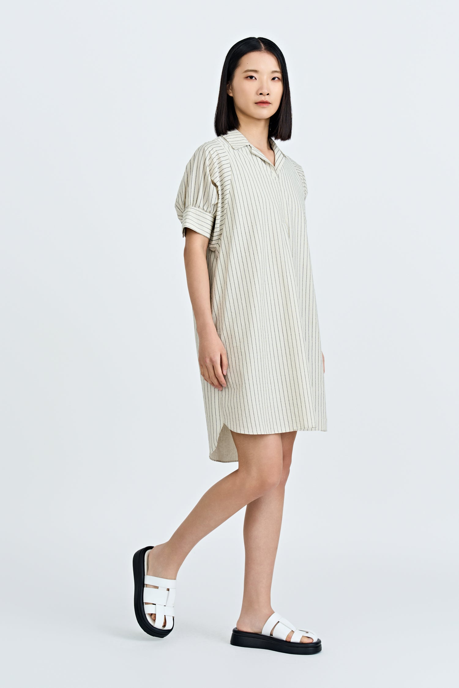 Striped Notched Collar Dress - Stripes Sand