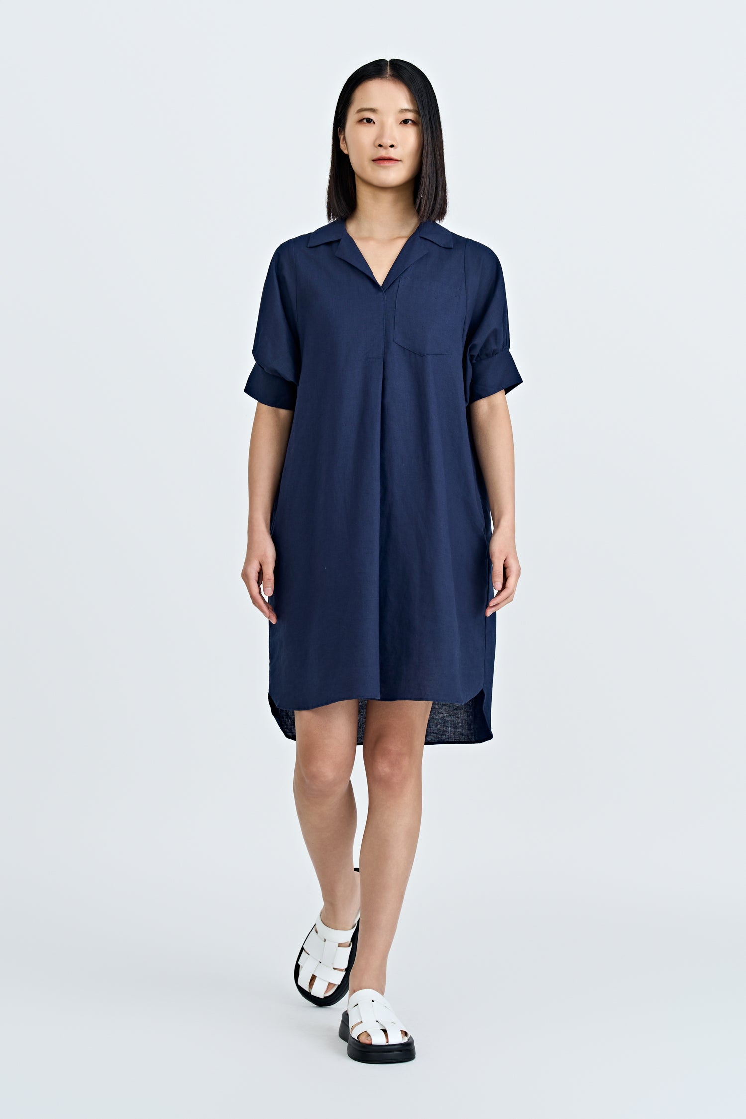 Striped Notched Collar Dress - Navy