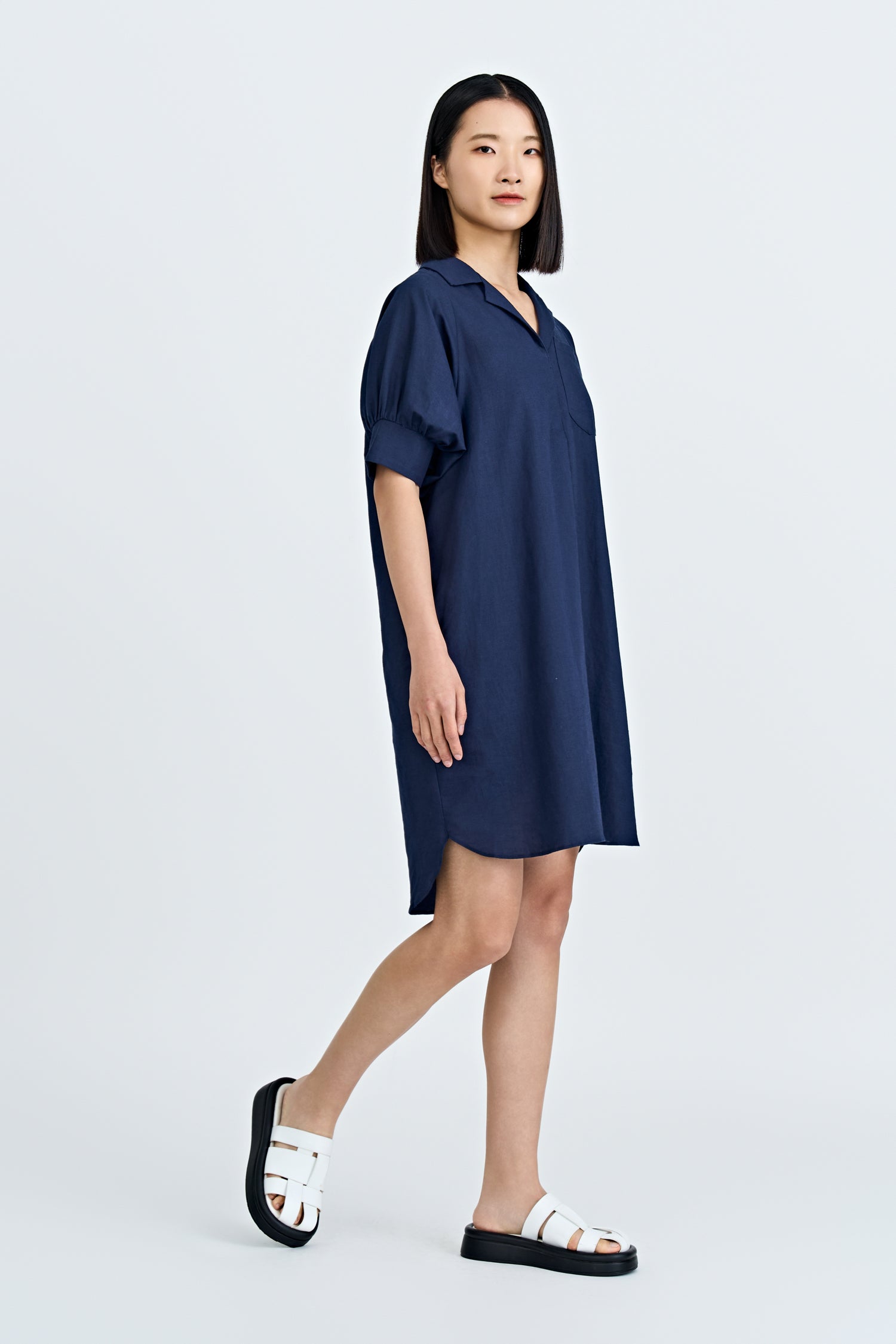 Striped Notched Collar Dress - Navy
