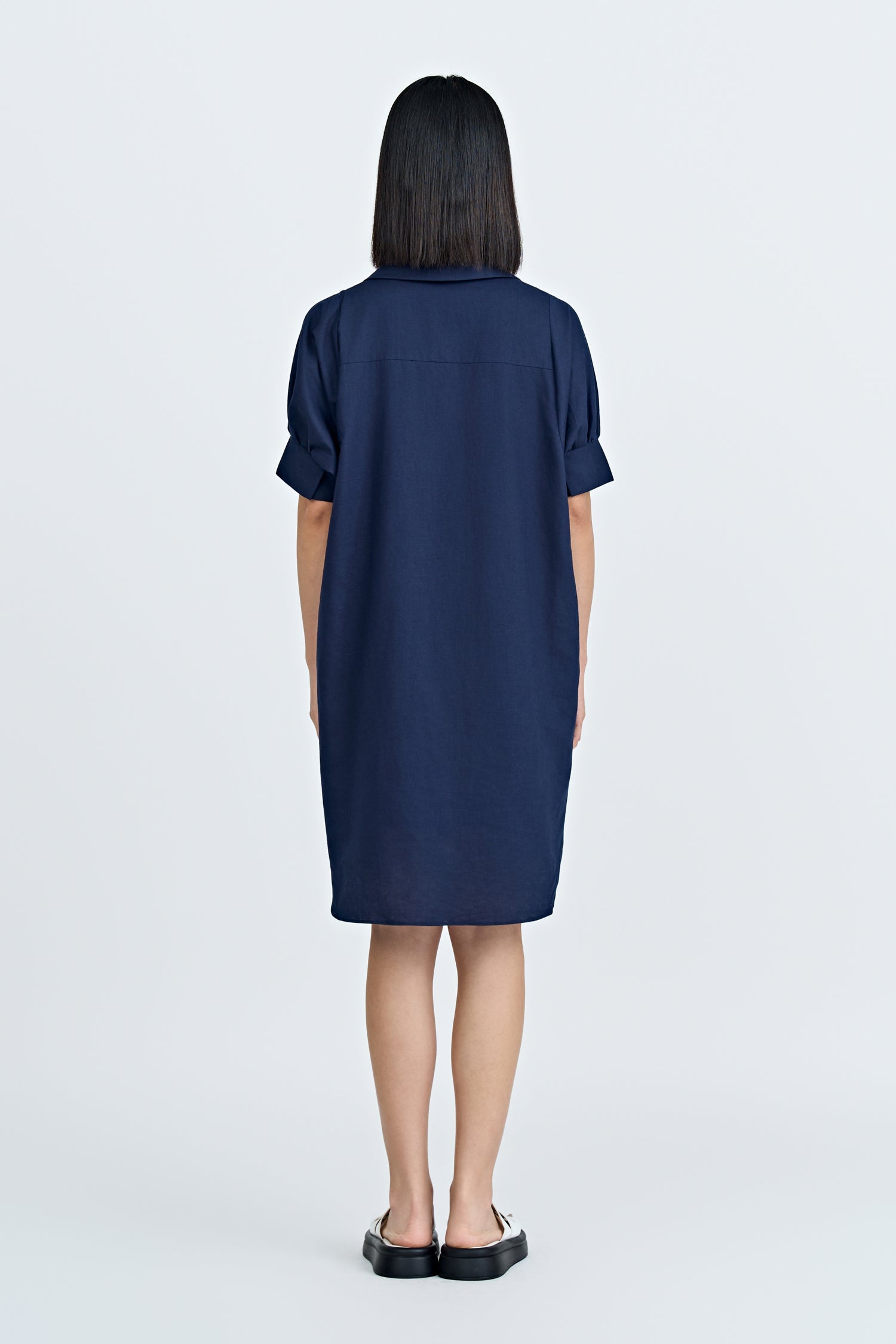 Striped Notched Collar Dress - Navy