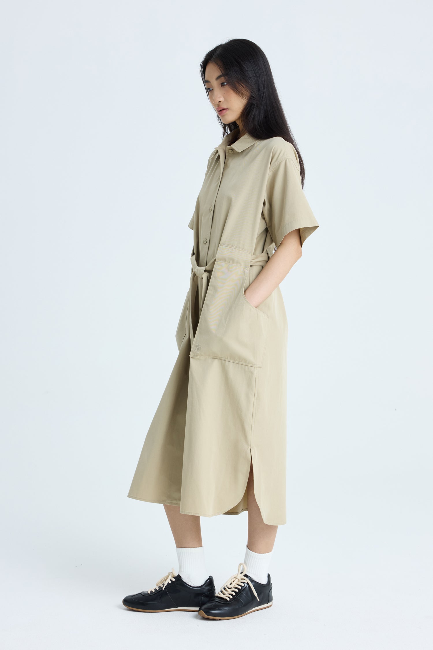 Belted Patch Pocket Dress - Khaki