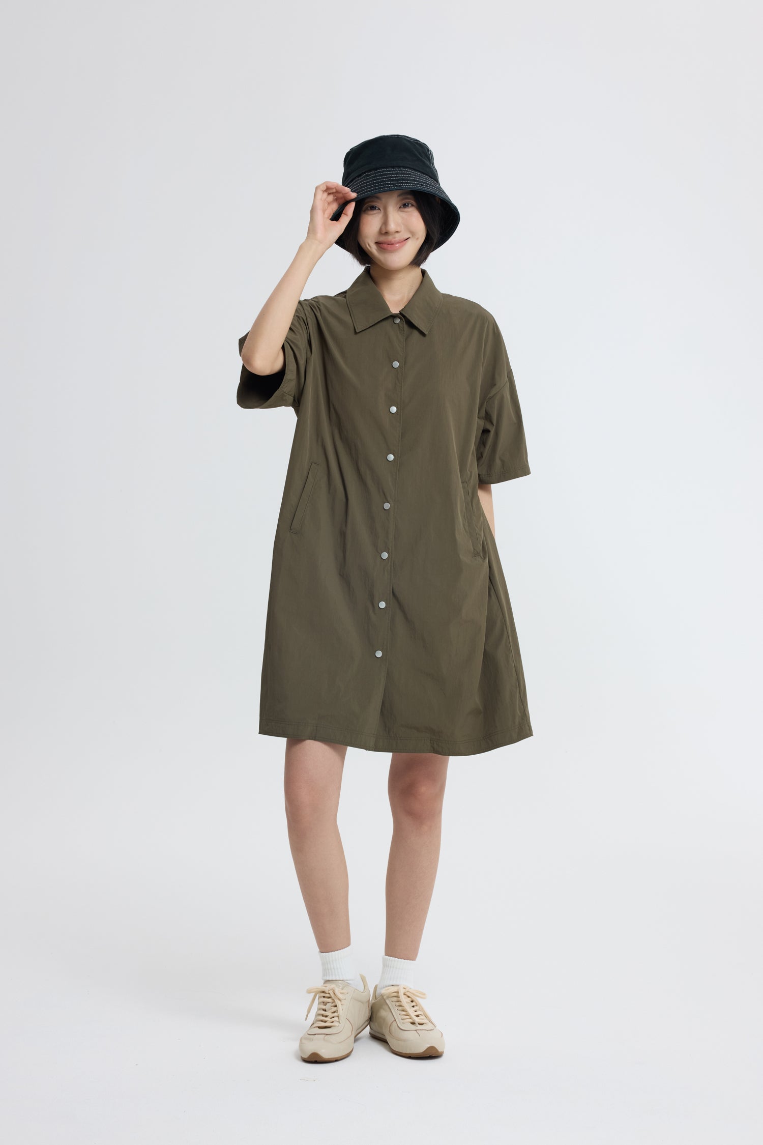 Button Down Collared Dress - Army Green