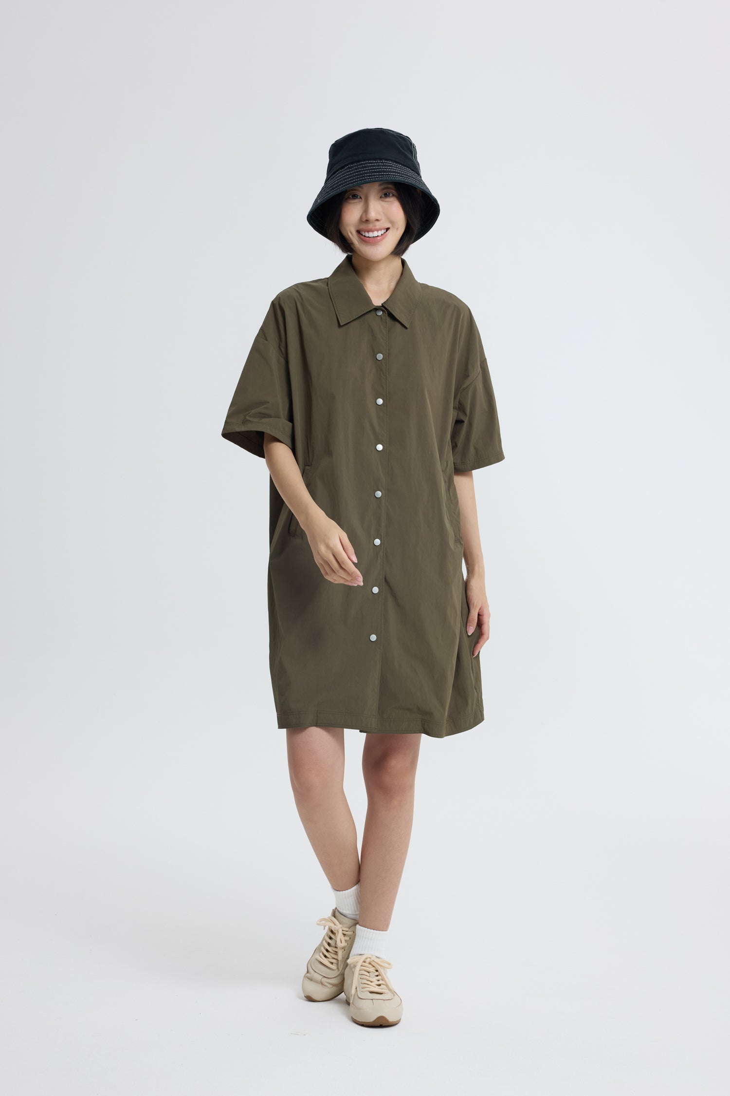 Button Down Collared Dress - Army Green