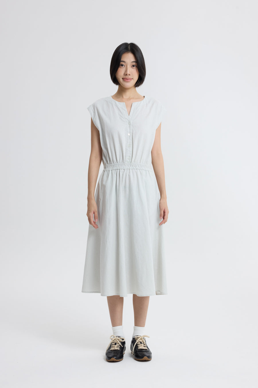 Button Front Cinch Waist Dress - Light Grey