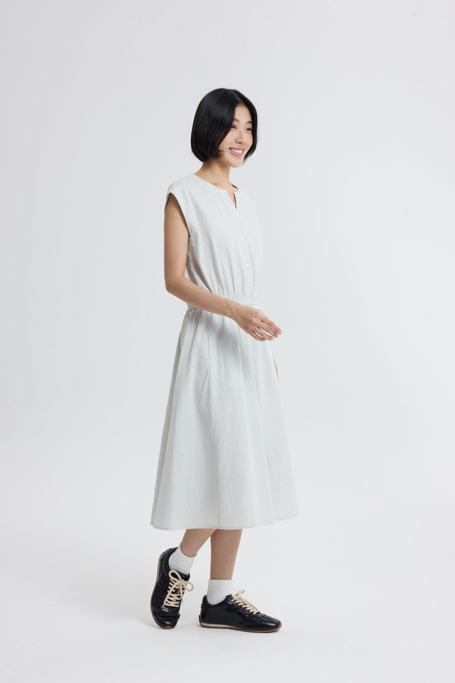 Button Front Cinch Waist Dress - Light Grey