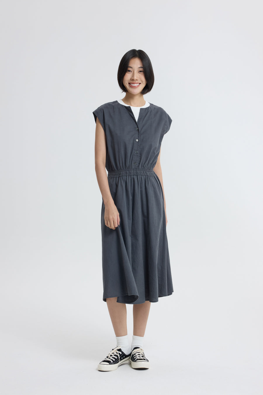 Button Front Cinch Waist Dress - Charcoal