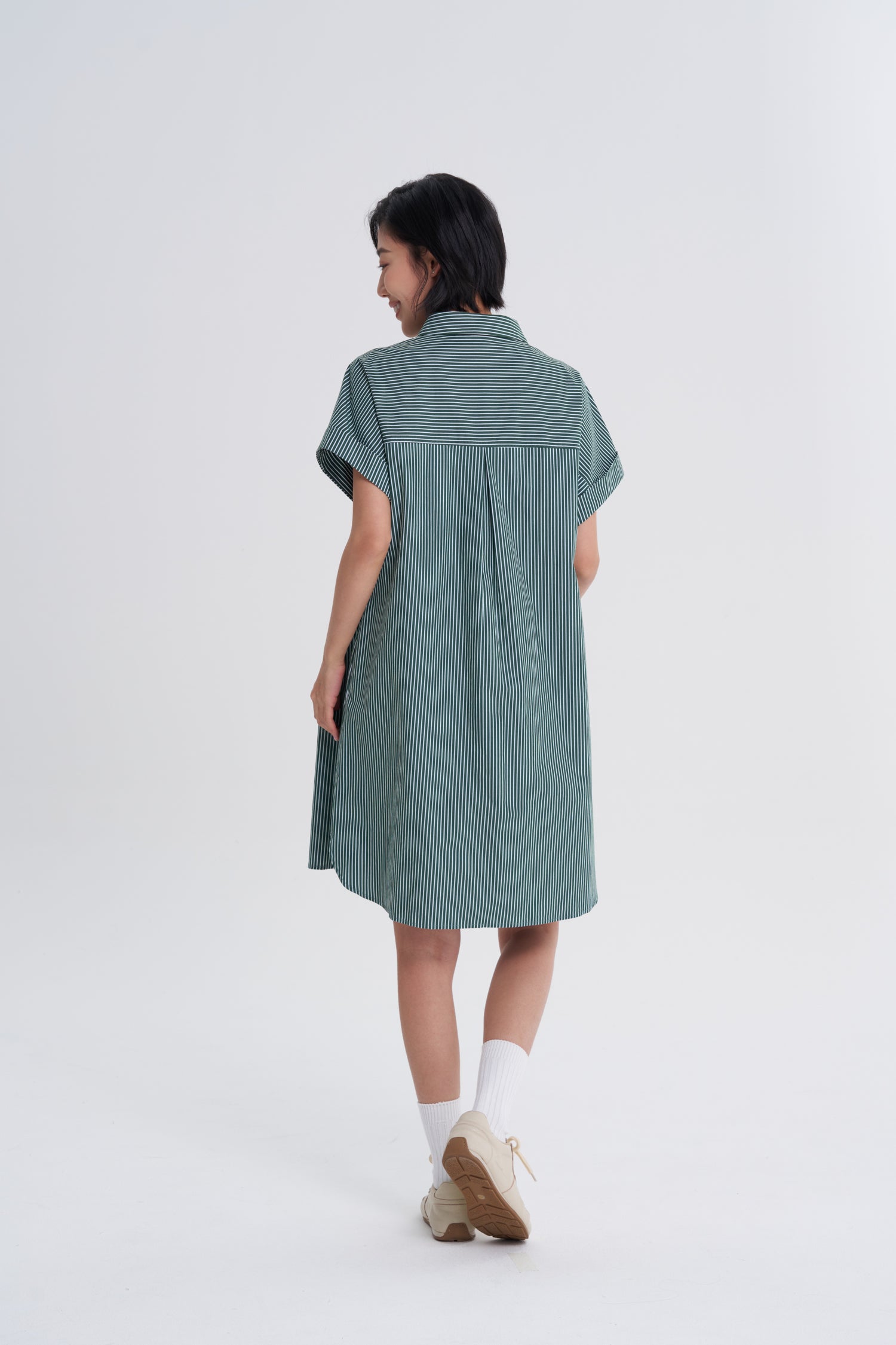 Striped Button Up Dress - Stripes Dark Green