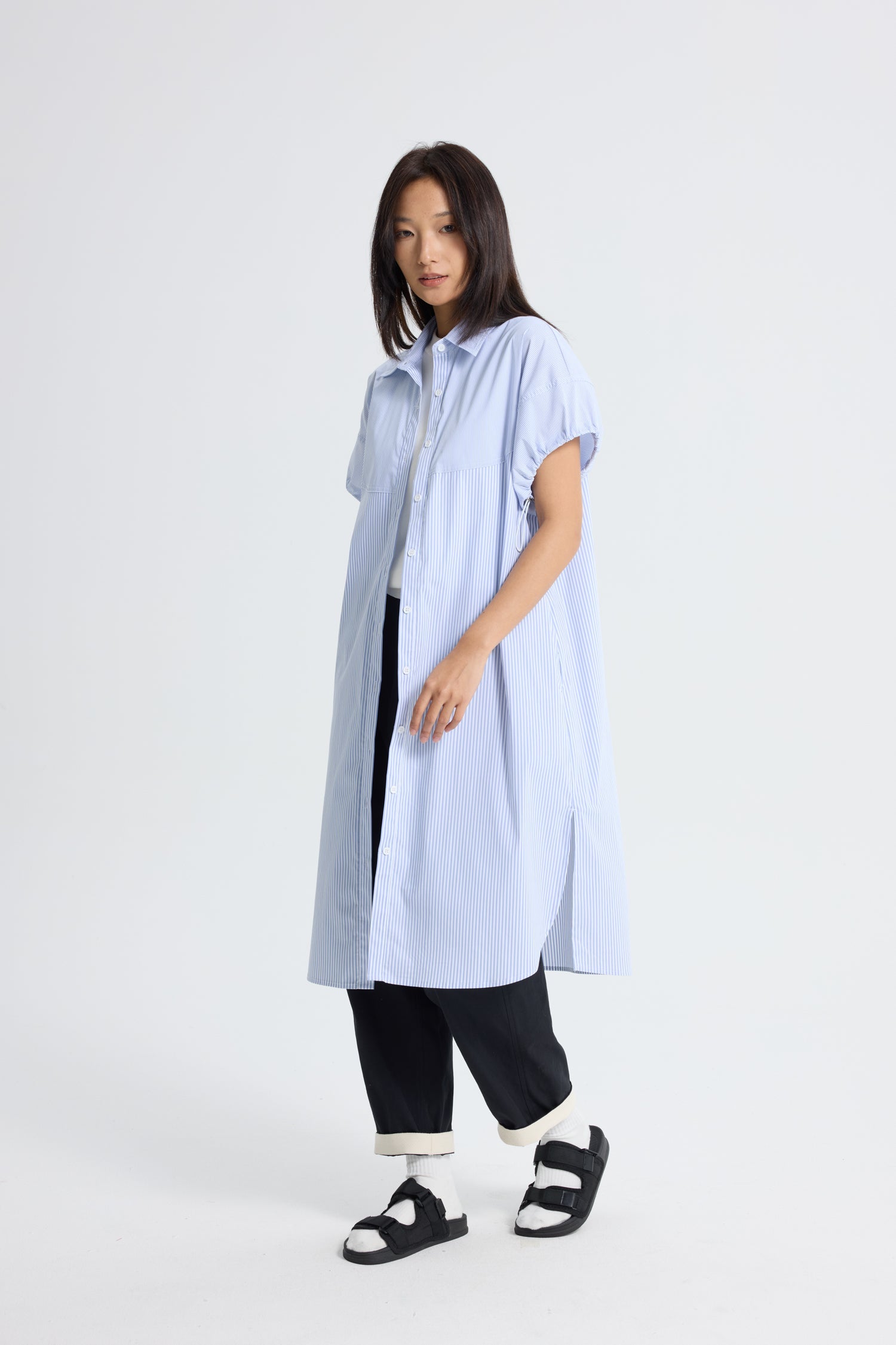 Striped Drawcord Sleeve Dress - Stripes Blue
