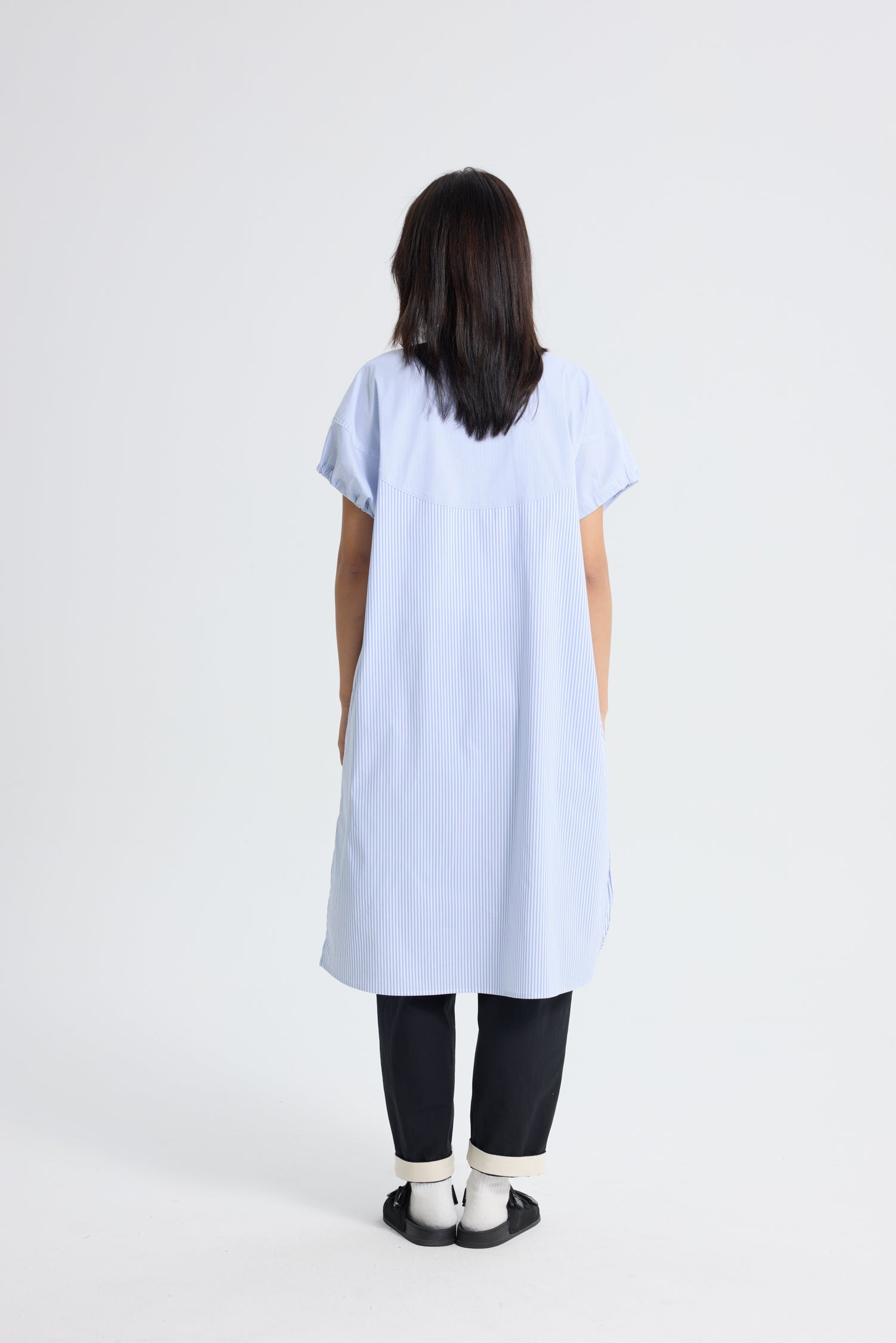 Striped Drawcord Sleeve Dress - Stripes Blue