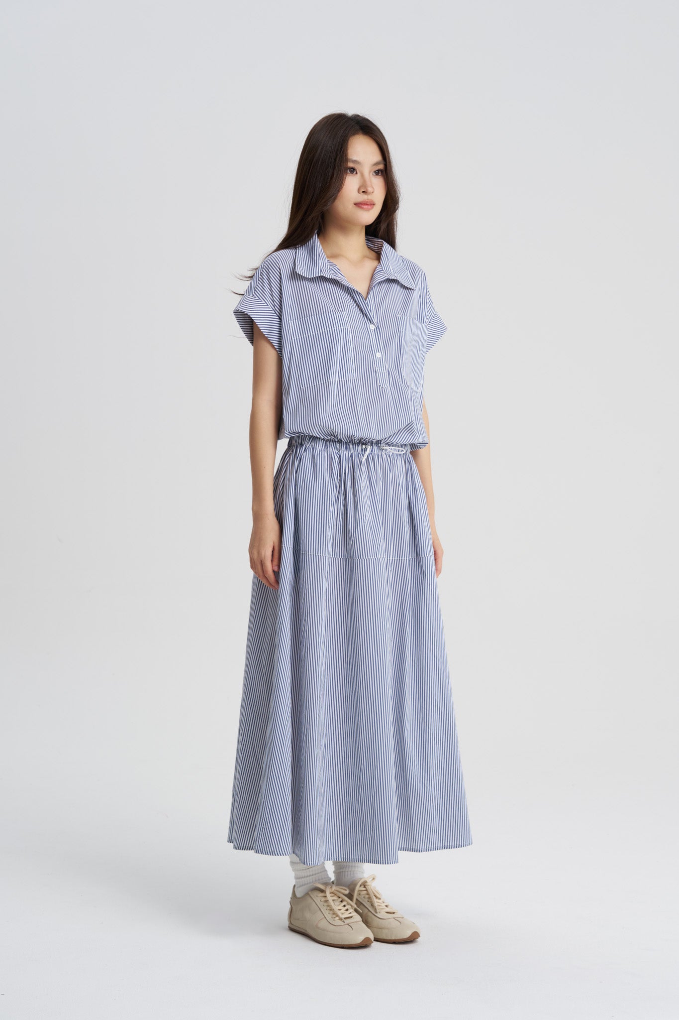Drawcord Shirt Dress - Striped Navy