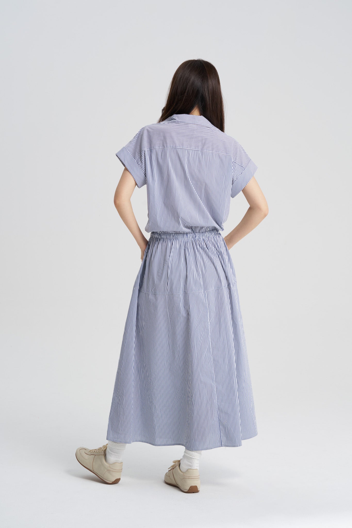Drawcord Shirt Dress - Striped Navy
