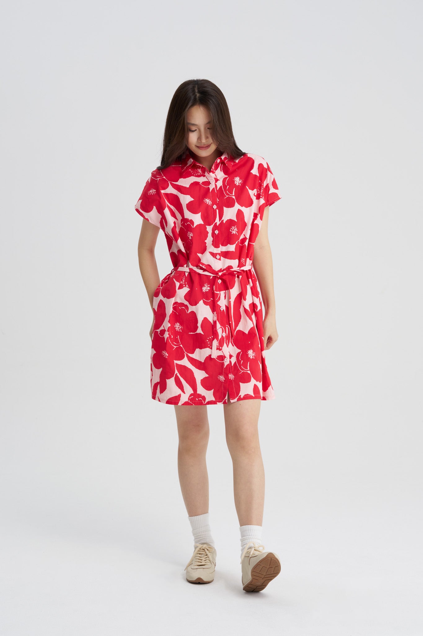 Floral Button Front Dress - Floral Red