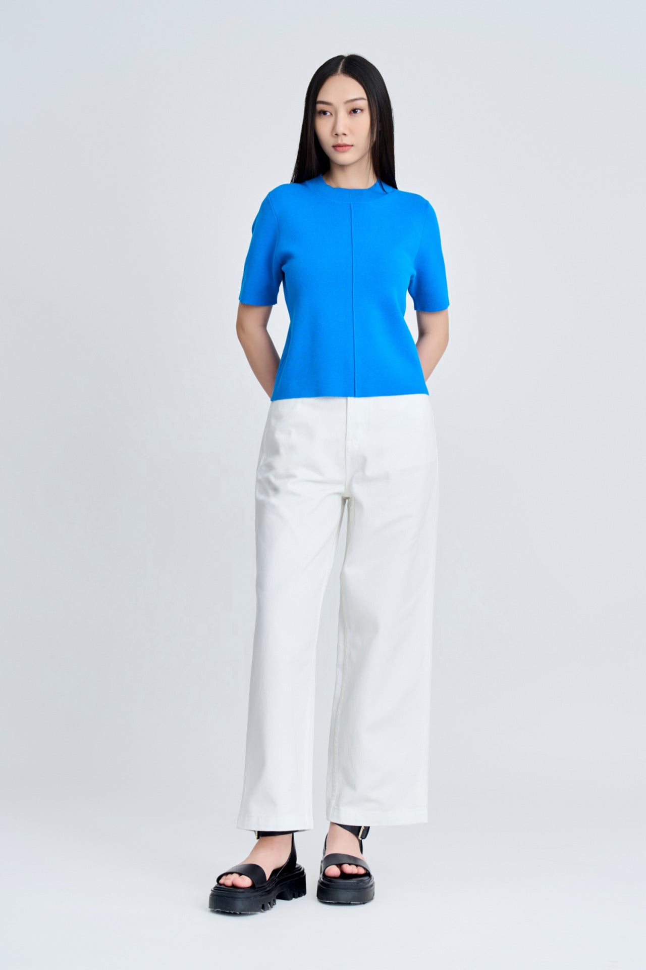 Knitted Ribbed Collar Top - Deep Sky